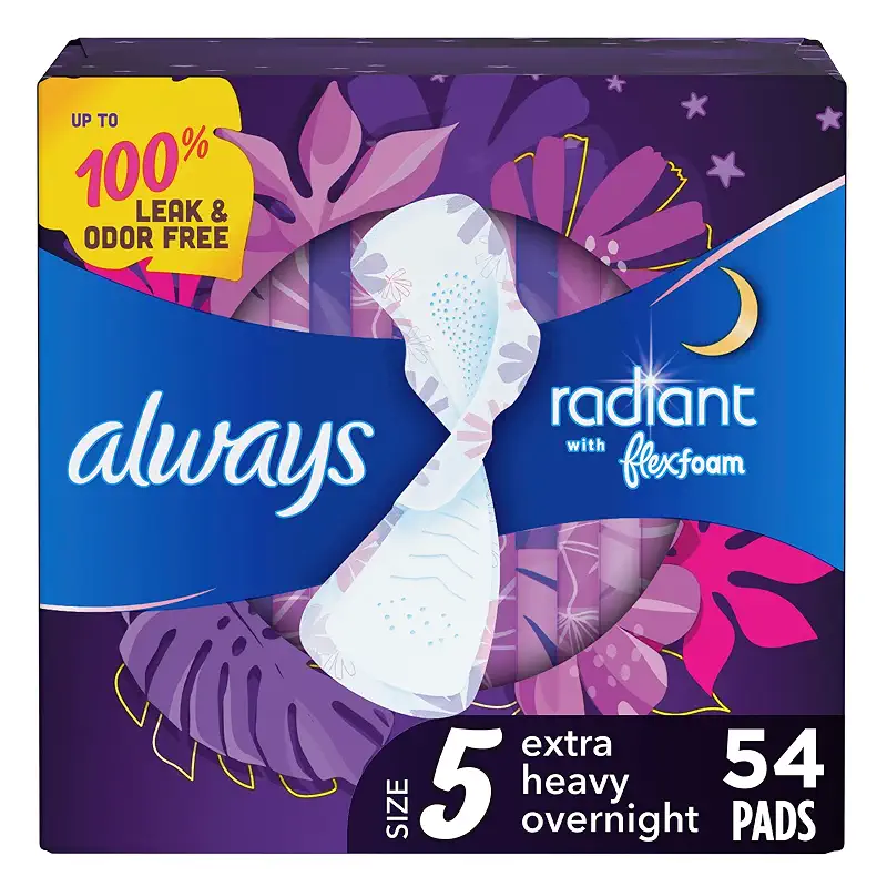 Always Radiant Feminine Pads For Women, Size 5 Extra Heavy Overnight Absorbency, Multipack, With Flexfoam, With Wings, Scented, 18 Count x 3 Packs (54 Count total)