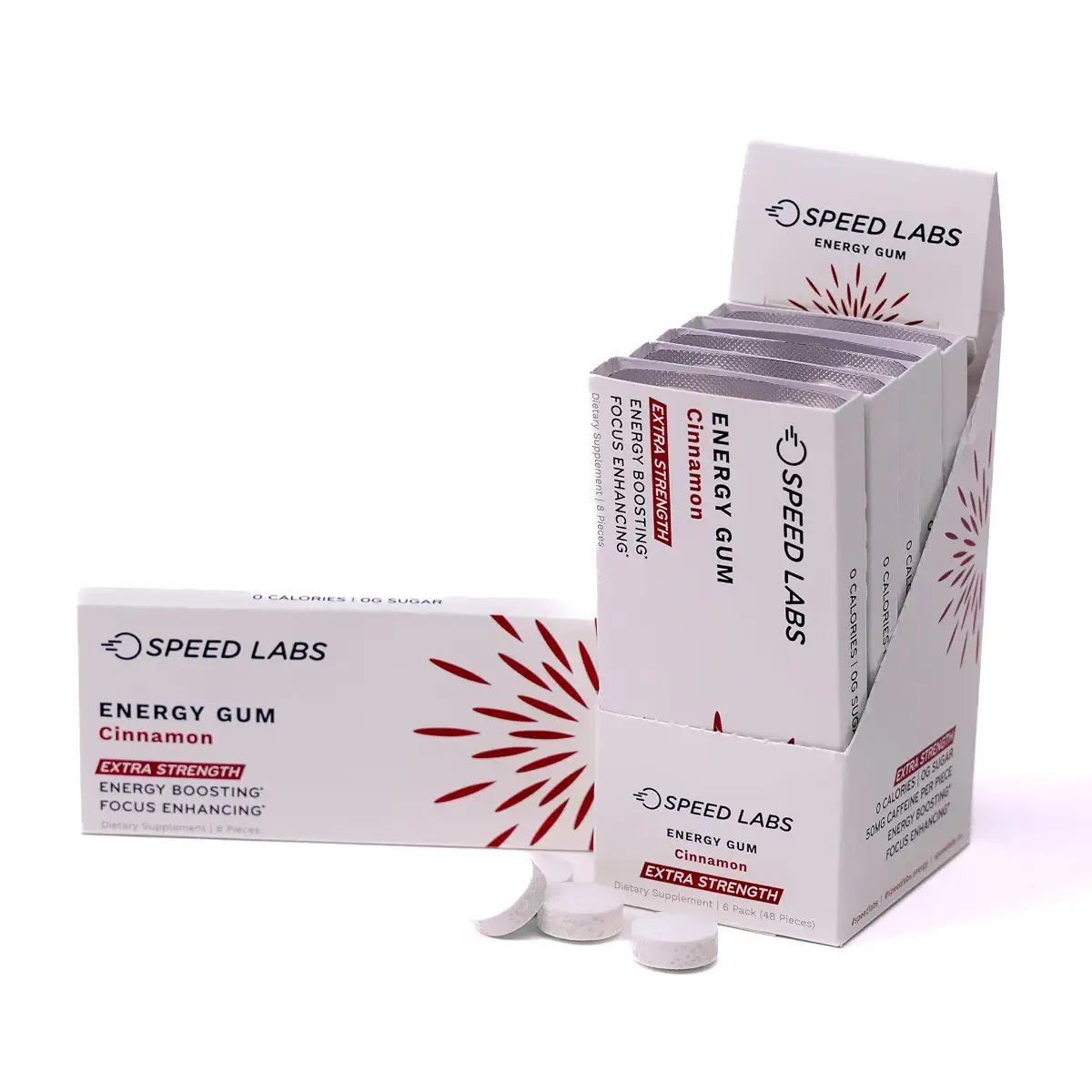 Cinnamon Extra Strength Caffeine Chewing Gum 50mg Caffeine Taurine & B Vitamins Per Piece 48 Pieces (6 Packs of 8 Pieces) Sugar Free Zero Calorie No Aspartame Gluten Free