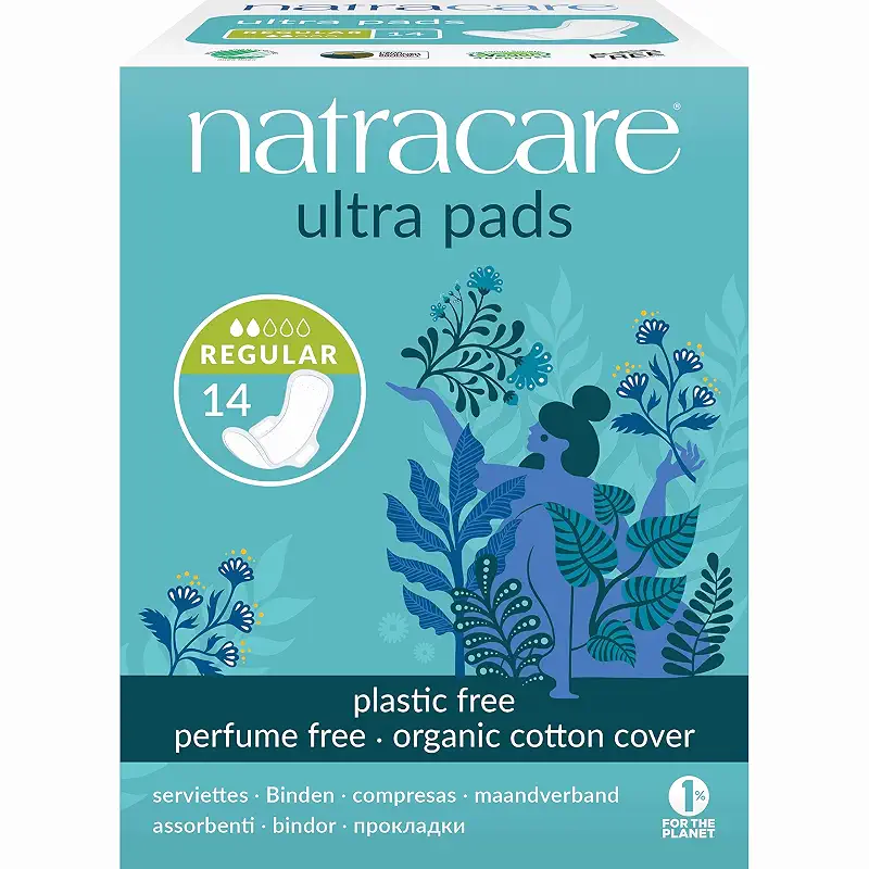 Natracare Slim Fitting Ultra Pads with Wings, Regular, Made with Certified Organic Cotton, Ecologically Certified Cellulose Pulp and Plant Starch (1 Pack, 14 Pads Total)…